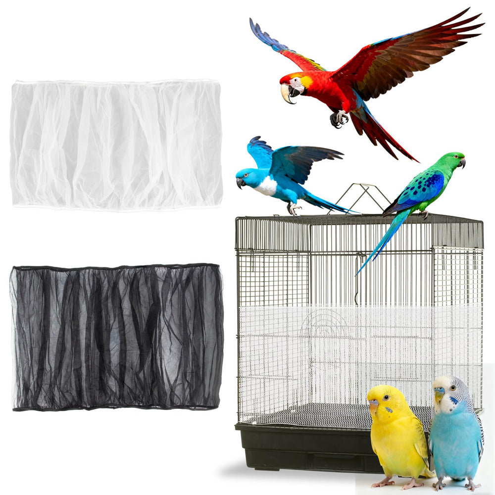 RAINFLOW bird cage cover on a round cage shows adjustable fit and seed containment.