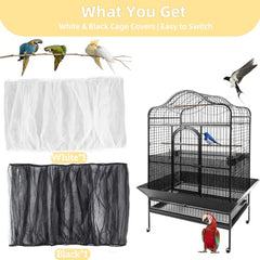 RAINFLOW bird cage skirt attached to rectangular cage for cleaner floors.