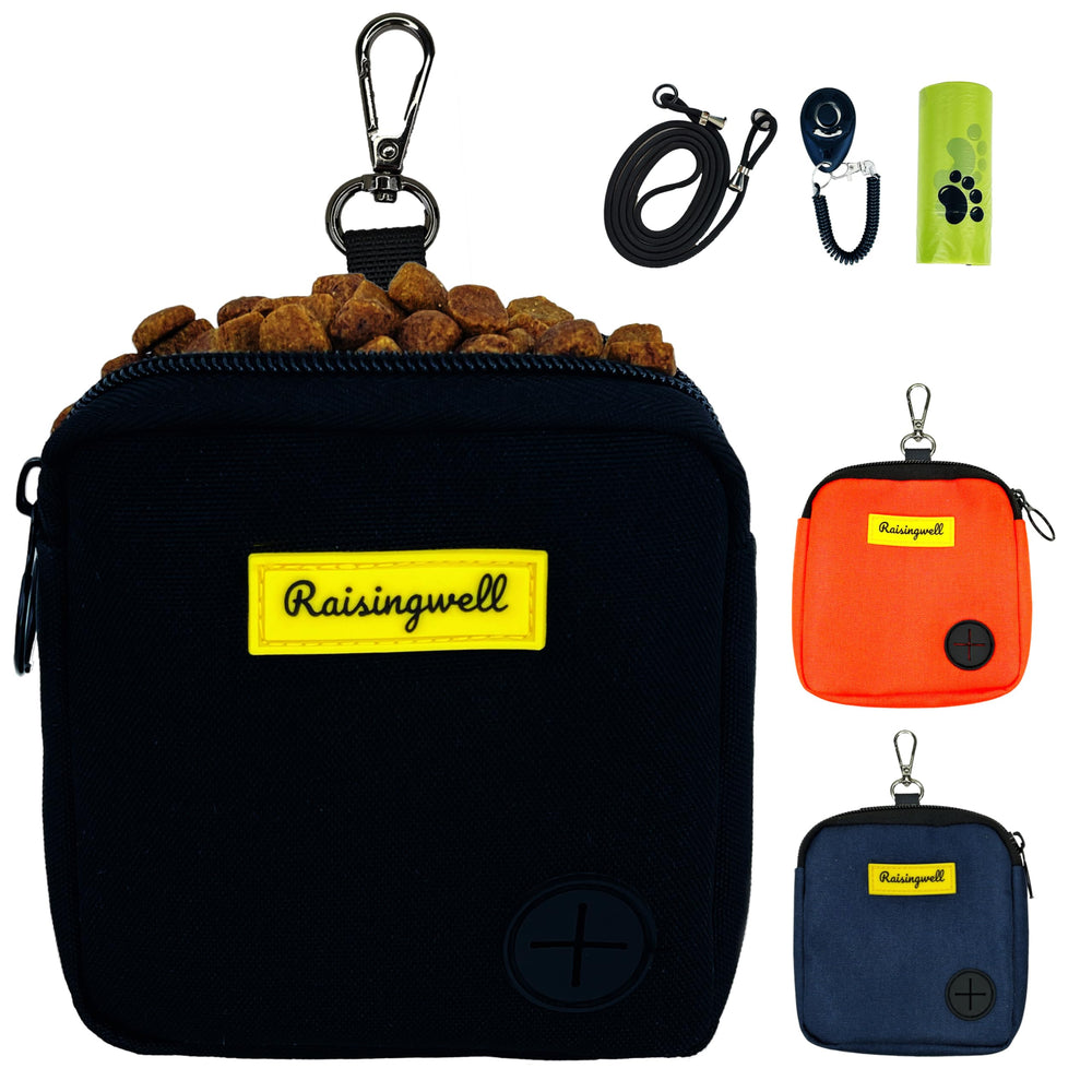 Raisingwell dog treat pouch front view in black with secure zipper for quick treats.
