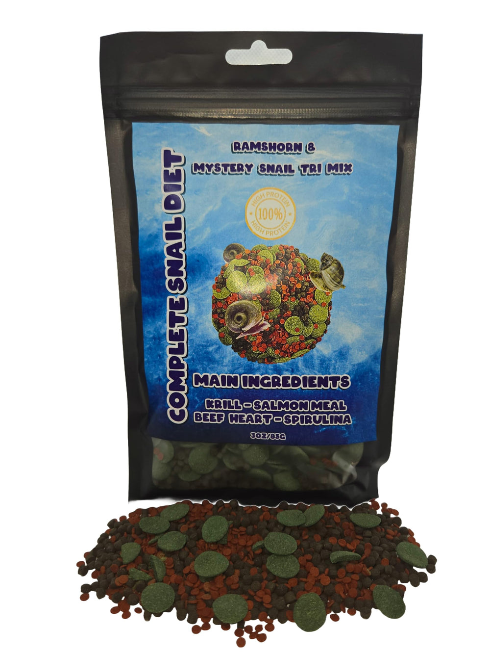 Ramshorn and Mystery Snail Complete Diet packaging emphasizes balanced nutrition for snails