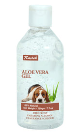 Raslok Aloe Vera Gel dog-label highlights 99% natural formula for gentle skin care.
