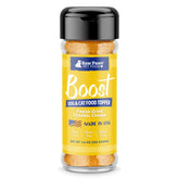 Raw Paws Boost cheese topper bottle highlights quick meal enhancement for picky dogs.