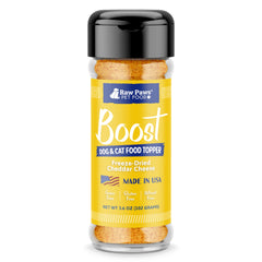 Raw Paws Boost cheese topper bottle highlights quick meal enhancement for picky dogs.