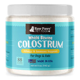 Raw Paws bovine colostrum powder bottle for pets supporting immune health.