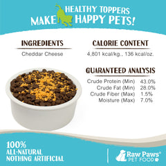 Raw Paws dog and cat food topper jar shows easy shake-on application.