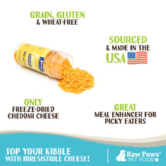 Raw Paws freeze-dried cheese bites in a dog bowl add protein and flavor.