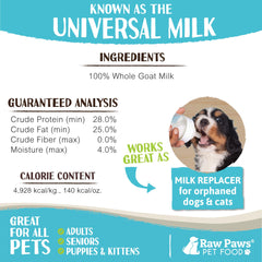 Raw Paws Made-in-USA goat milk powder supports balanced nutrition.