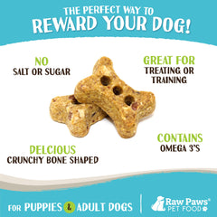 Raw Paws Mini Bones crunchy biscuits closeup—grain-free, wheat-free dog treats.