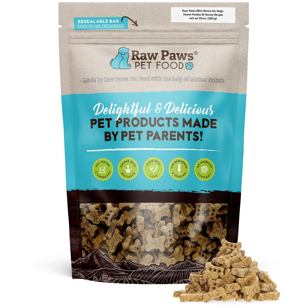 Raw Paws Mini Bones sweet potato honey bag closeup—low-calorie training rewards.