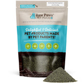 Raw Paws Organic Kelp Powder bottle highlights immune-supporting minerals for pets.