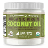 Raw Paws virgin organic coconut oil bottle for easy pet skin hydration and coat care.
