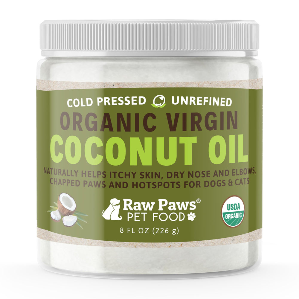 Raw Paws Virgin Organic Coconut Oil bottle for dogs and cats, showcasing natural care
