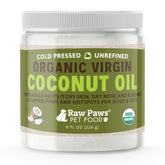 Raw Paws Virgin Organic Coconut Oil bottle for dogs and cats, showcasing natural care