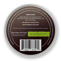 Raw Paws wrinkle and skin balm into dog folds shows targeted care for skin folds.
