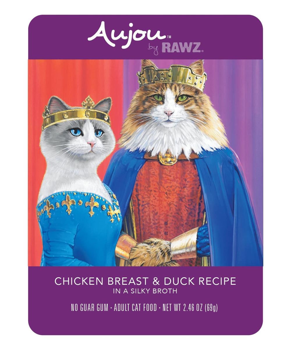 Rawz Aujou pouch close-up showing protein-rich chicken and duck for complete meals