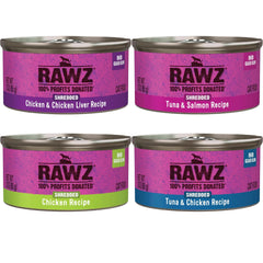 Rawz tuna-chicken cat wet food can-open showing shredded meat texture.