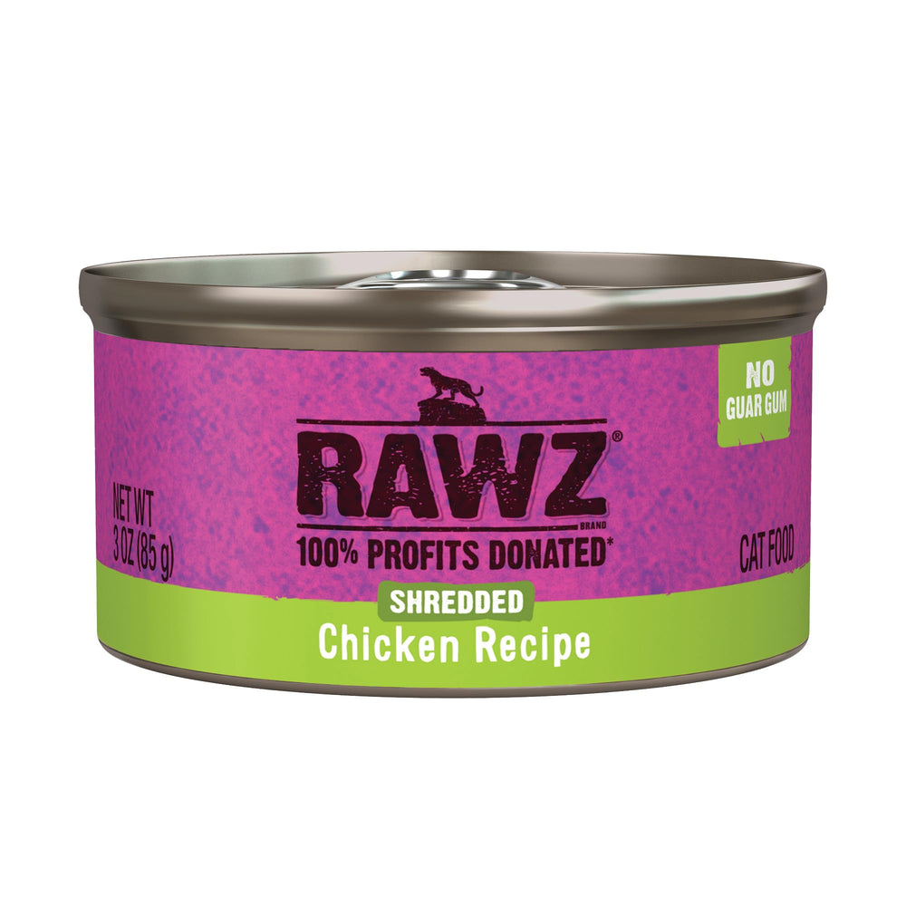 Rawz cat wet food chicken shredded, can open for easy single-serve meals.