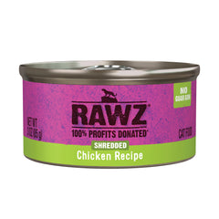 Rawz cat wet food chicken shredded, can open for easy single-serve meals.