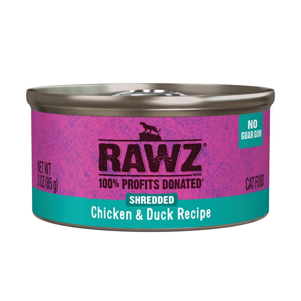 Rawz chicken and duck shredded cat food in 3oz can for grain-free meals.