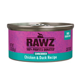 Rawz chicken and duck shredded cat food in 3oz can for grain-free meals.