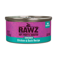 Rawz chicken and duck shredded cat food in 3oz can for grain-free meals.