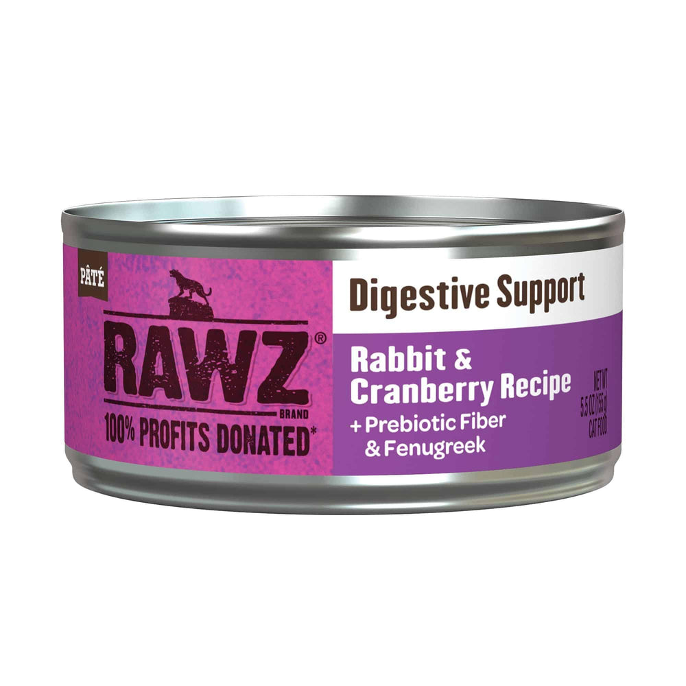 Rawz Digestive Support cat food packaging closeup, emphasizing convenient 24-pack cans.