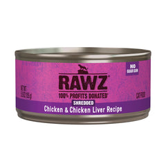 Rawz natural premium shredded cat food can top view highlighting real meat serving option for carnivores.