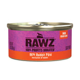 RAWZ Pate Rabbit Cans close-up highlighting premium real meat for cats' meals.