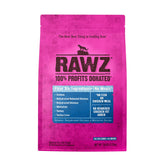 Rawz salmon-dehydrated-chicken-whitefish-kibble closeup shows high-protein bites for active cats.