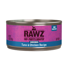 Rawz tuna-chicken shredded cat food can highlights high moisture for hydration