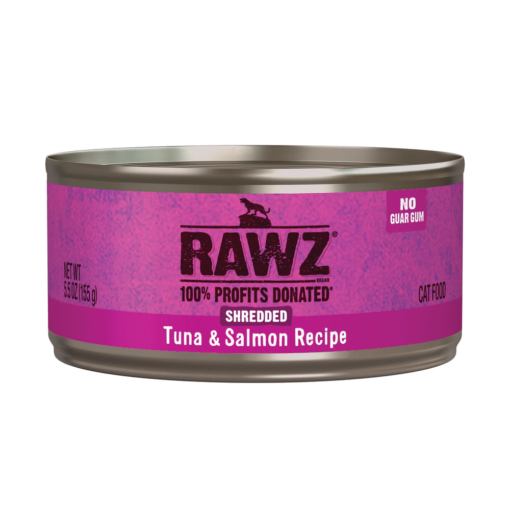 Rawz tuna-salmon shredded cat wet food can closeup shows high-protein first ingredient.