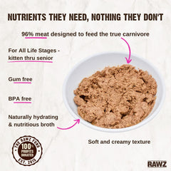 RAWZ turkey pate cat food ingredients panel shows all-natural components with no gums.