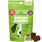 Ready Pet Go probiotic chews bottle close-up for digestive support and NASC quality.