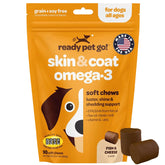 Ready Pet Go! omega-3 krill oil chews bottle close-up for coat support.