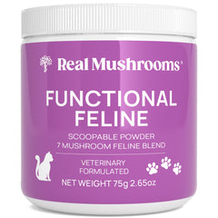 Real Mushrooms cat supplement powder bottle shows a grain-free feline wellness blend.