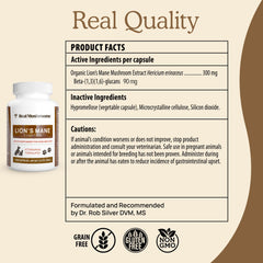 Real Mushrooms Lion’s Mane bottle with serving idea showing easy mixing into pet meals.