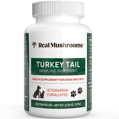 Real Mushrooms turkey tail capsules for pets bottle promotes easy daily supplementation for cats and dogs