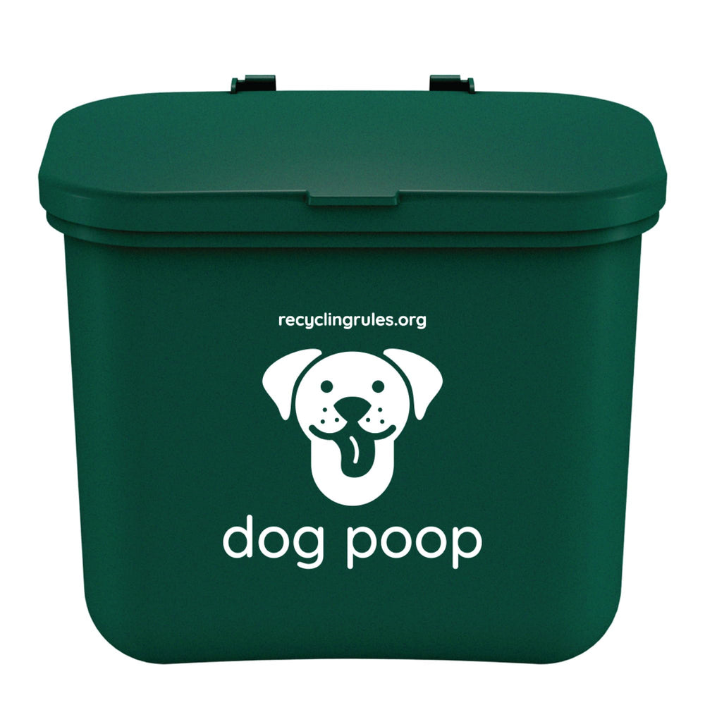 Recycling Rules small hanging wastebasket holds dog poop bags for quick collection.