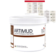 Red Horse Artimud hoof clay 750g pack closeup shows long-lasting crack protection in action.