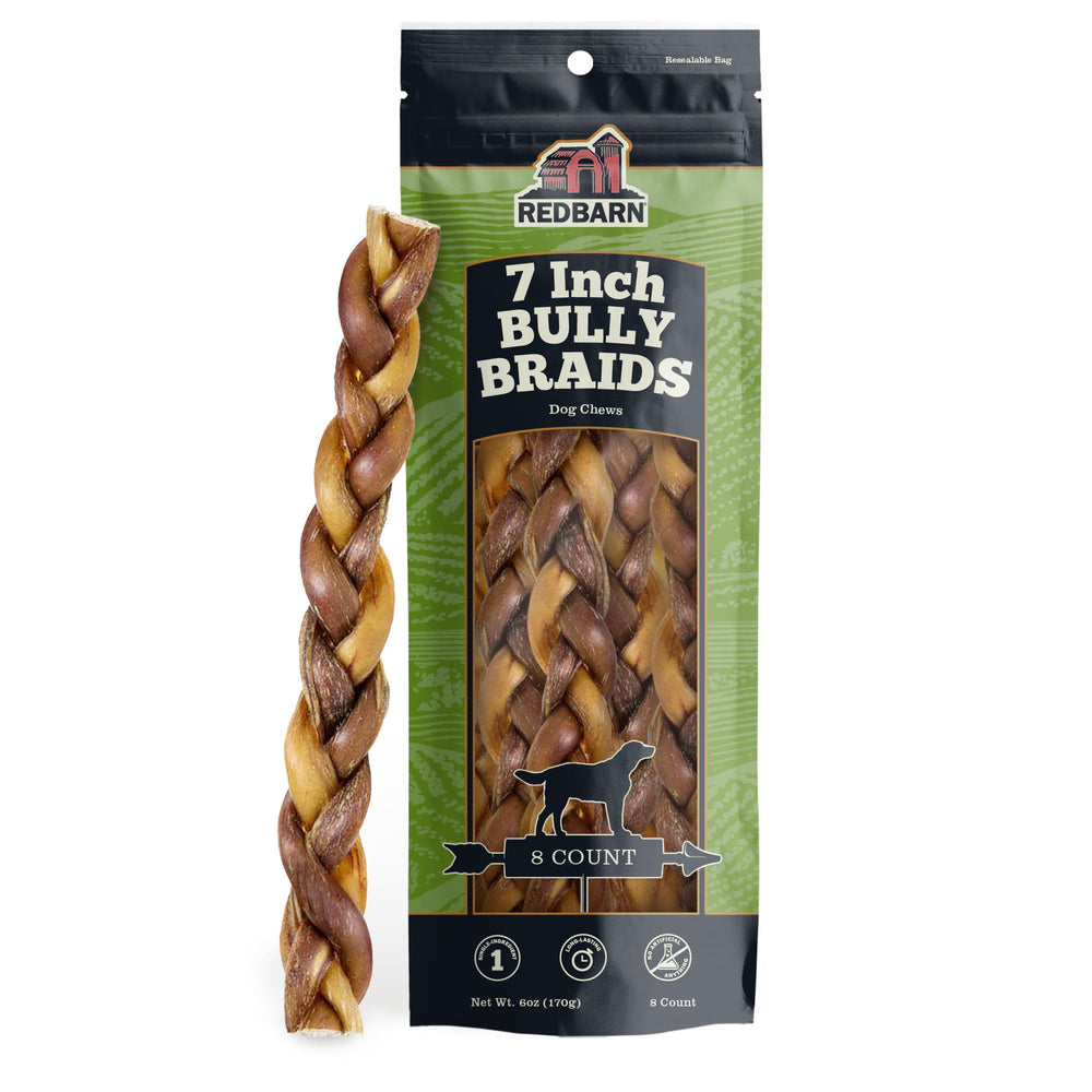 Redbarn braided bully stick 7-inch packaging variation for long-lasting chew option