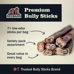 Redbarn bully sticks 1lb party pack packaging shown for bulk dog chews.