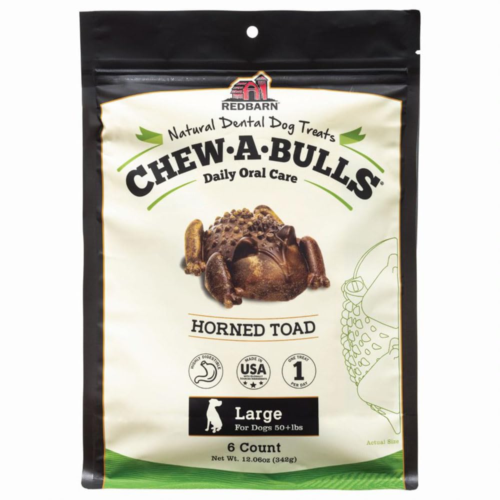 Redbarn Chew-A-Bulls toad shape dog dental chew for daily oral care.