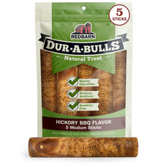 Redbarn Dur-A-Bulls Hickory-flavor dog treat sticks highlight natural ingredients and digestibility.