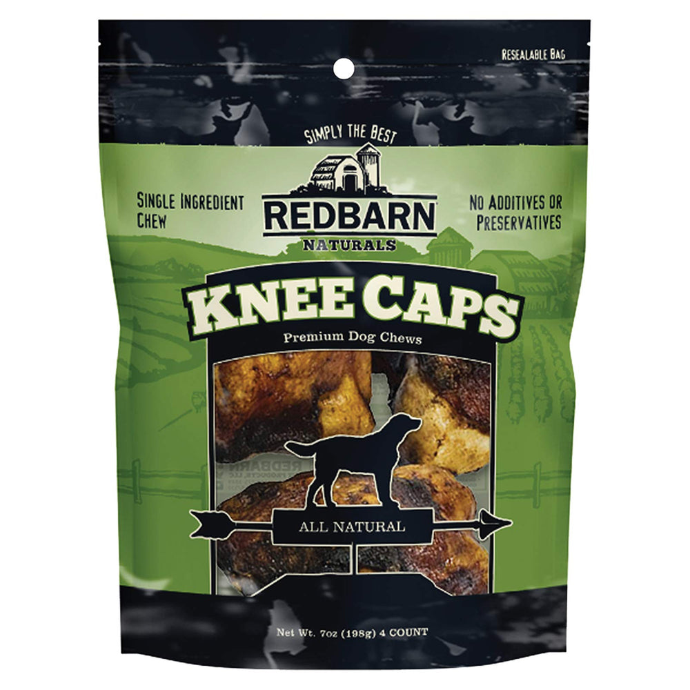 Redbarn Knee Caps 4-pack packaging shows a durable chew to keep dogs busy.
