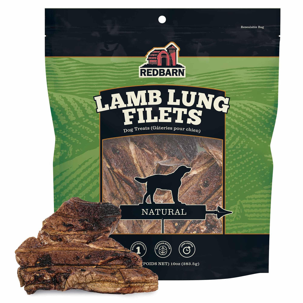 Redbarn Lamb Lung Filets packaging highlights single-ingredient, grain-free dog treats for sensitive diets.