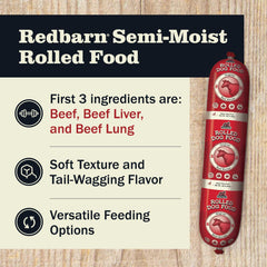Redbarn Premium Rolled Dog Food beef roll slices highlight convenient serving and easy dosing