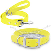 Regal Dog Products large yellow waterproof collar shows durable vinyl coated webbing for rugged outdoor use