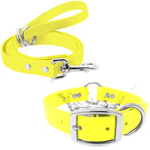 Regal Dog Products small yellow waterproof collar close-up showing adjustable fit for puppies