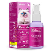 Relaxivet calming pheromone spray bottle eases cat stress during travel and vet visits.