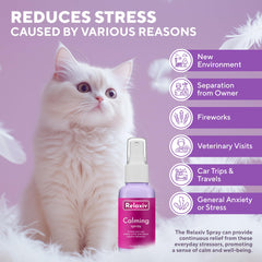 Relaxivet cat relaxing on bed shows soothing spot spray for calmer resting.